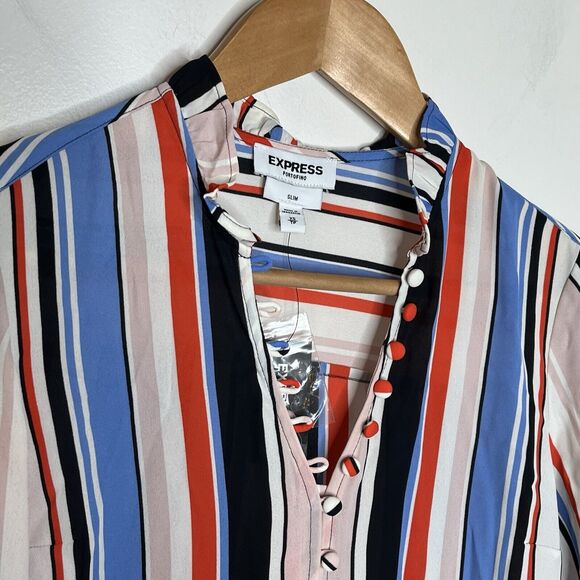 Express Portofino Slim Vertical Striped Ruffled Shirt Womens XS Career - Picture 2 of 9